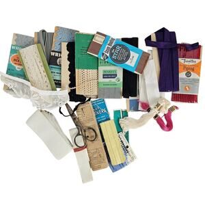 VTG lot sewing ric rac lace bias tape piping elastic hooks eyes etc